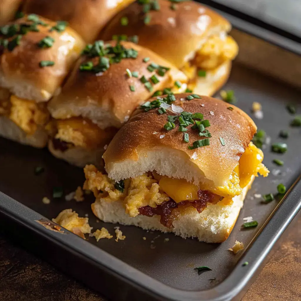 Zoom sur des petits pains garnis d’œufs brouillés et de fromage, avec de la ciboulette fraîche par-dessus.