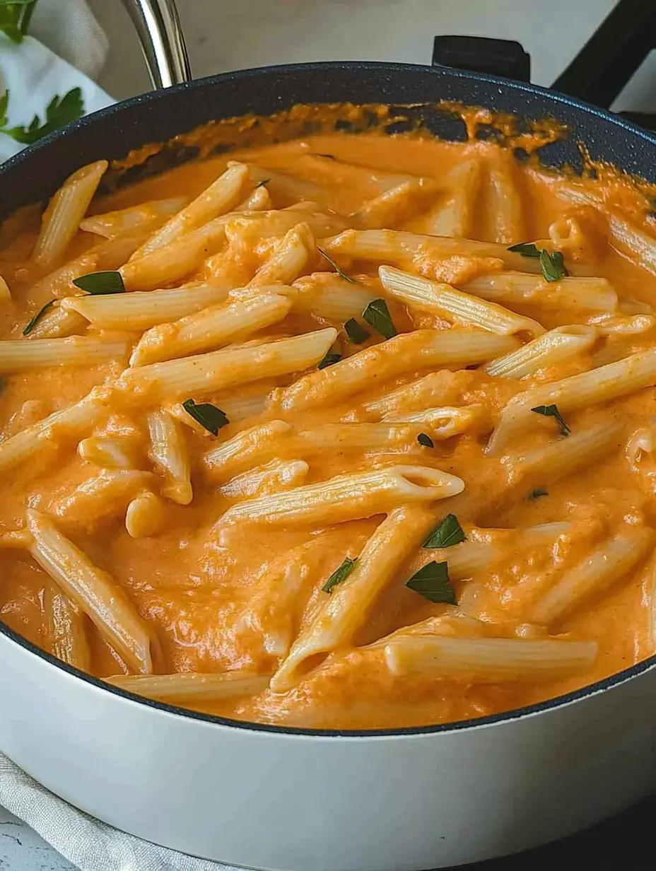 Vue rapprochée d’un plat de penne crémeux couleur orangée avec des herbes vertes dans une poêle noire.