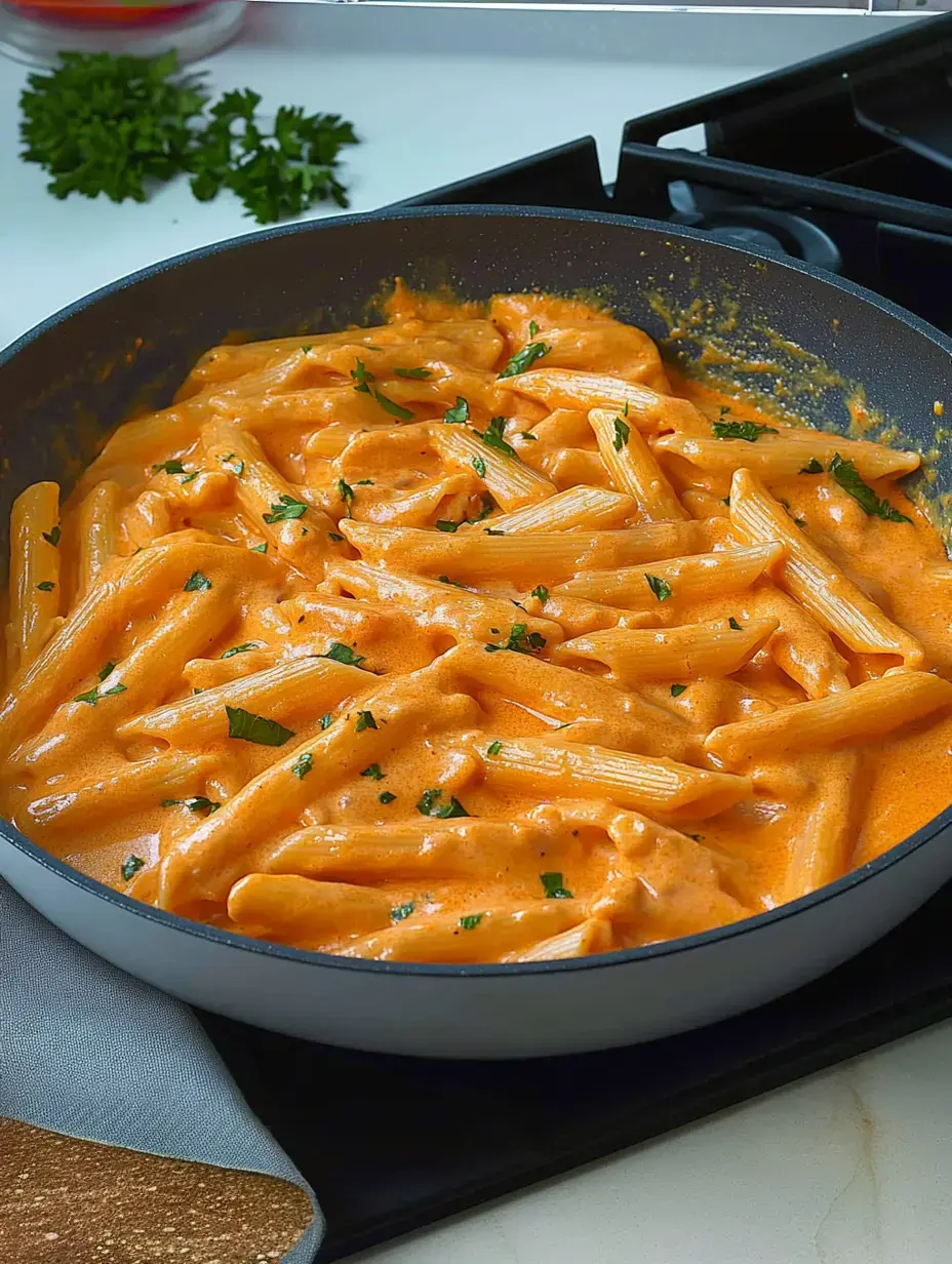 Plat de penne crémeuses parsemées de persil haché, servi dans une poêle.