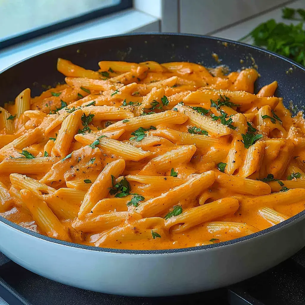 Plat de pâtes penne crémeuses décorées de persil haché, servi dans une poêle.