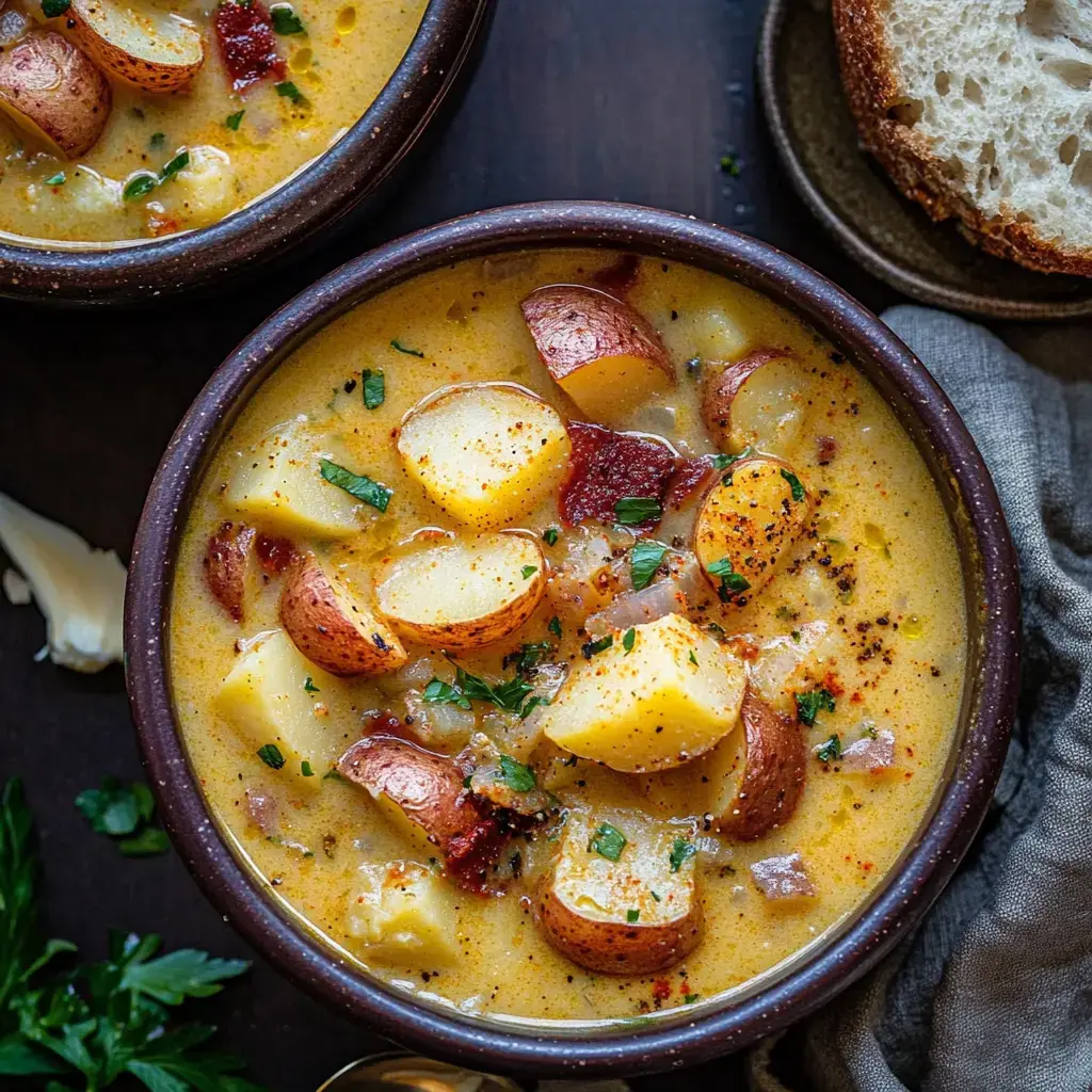 Vue rapprochée de deux bols de soupe crémeuse de pommes de terre garnie d'herbes et d'épices, accompagnée d'un morceau de pain sur le côté.