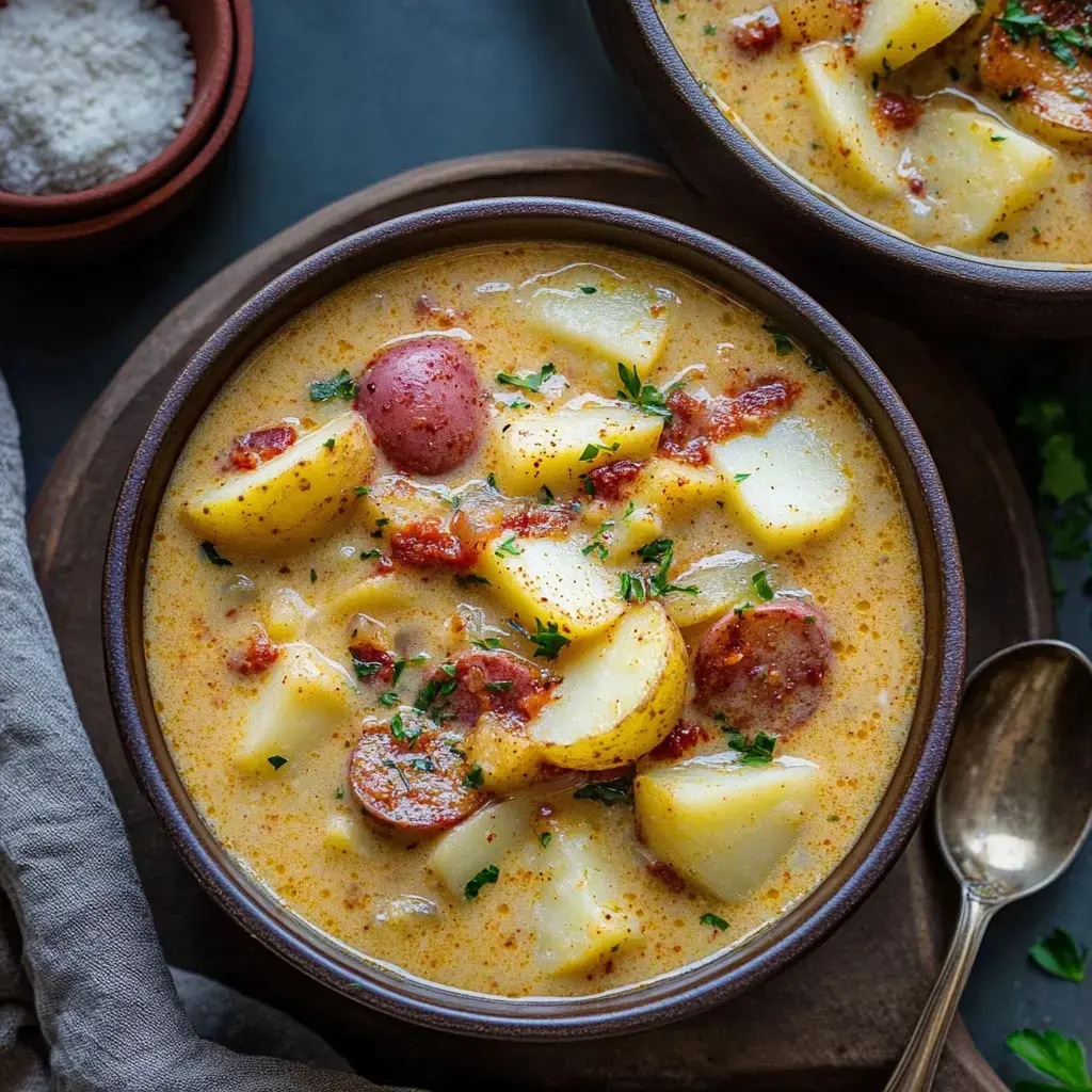 Vue rapprochée d'une soupe généreuse de pommes de terre et saucisse garnie d'herbes, servie dans un bol foncé à côté d'une petite coupelle de sel et d'une cuillère.