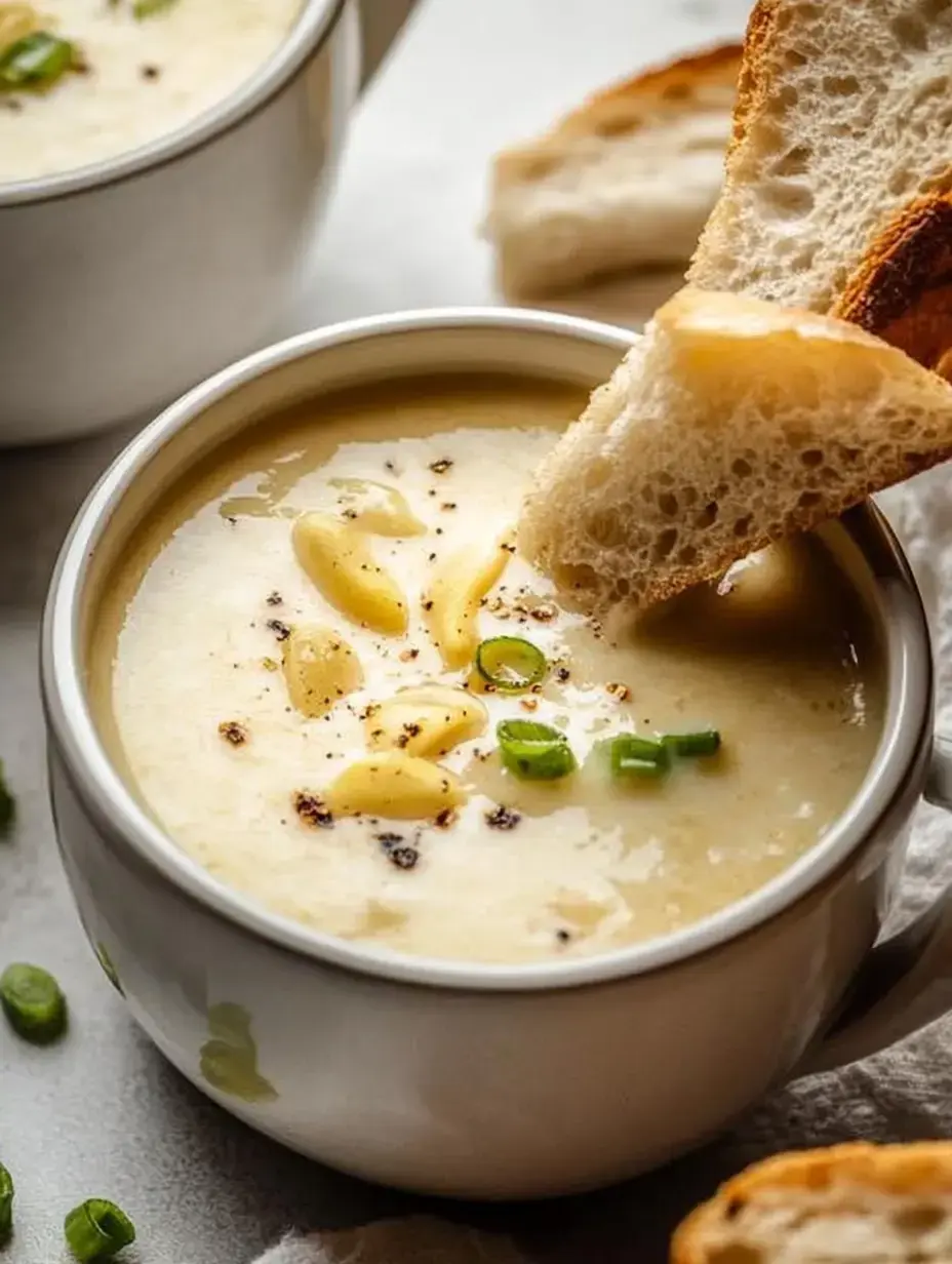 Un bol de soupe veloutée avec oignons verts et pignons, une tranche de pain grillé plongée dedans.