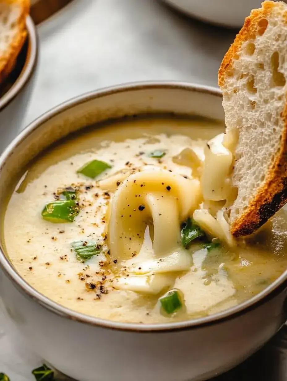 Un bol de soupe crémeuse avec des nouilles et de la ciboulette, avec un morceau de pain croustillant à tremper dedans.