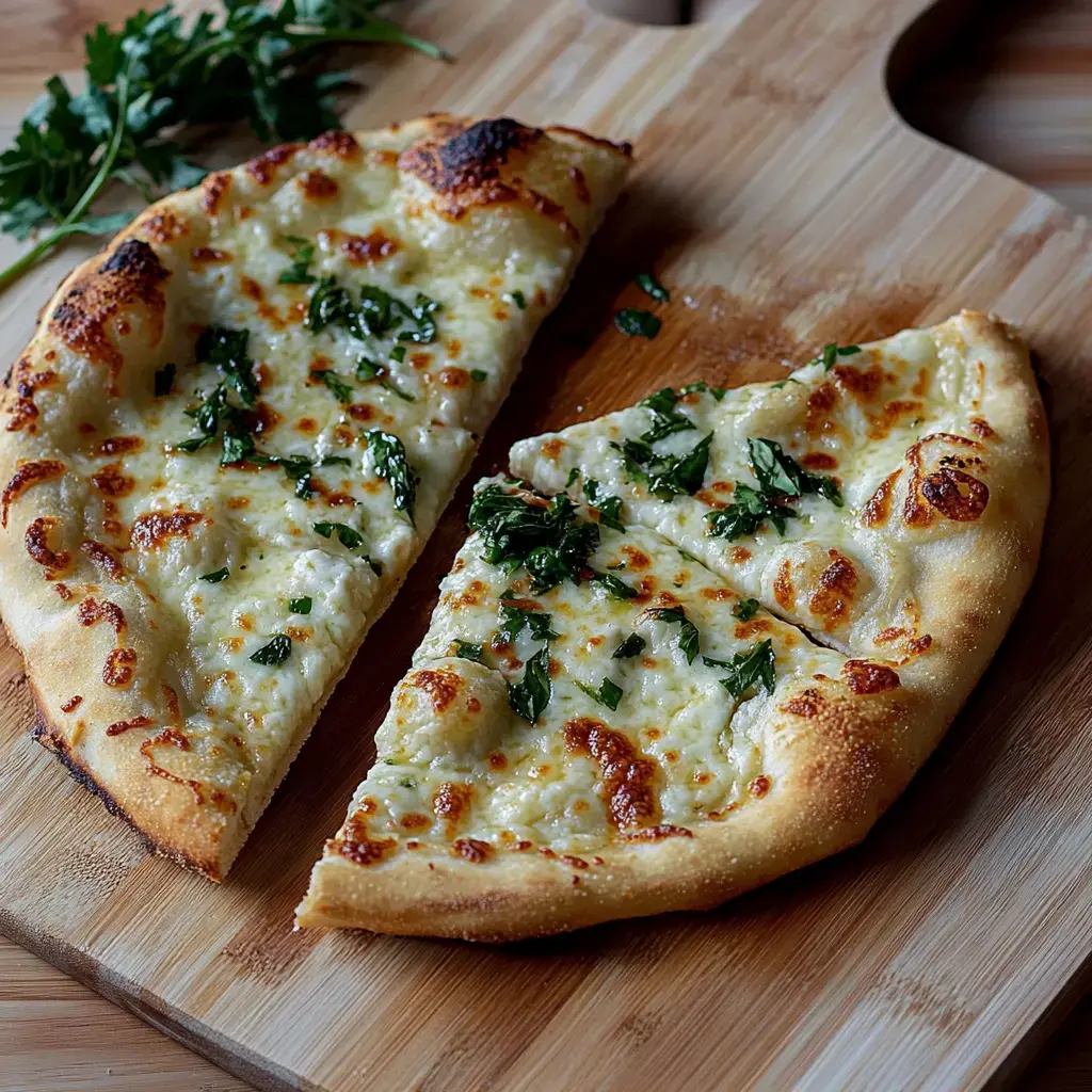 Une pizza sortie du four couverte de fromage fondu et de persil haché, posée sur une planche en bois.