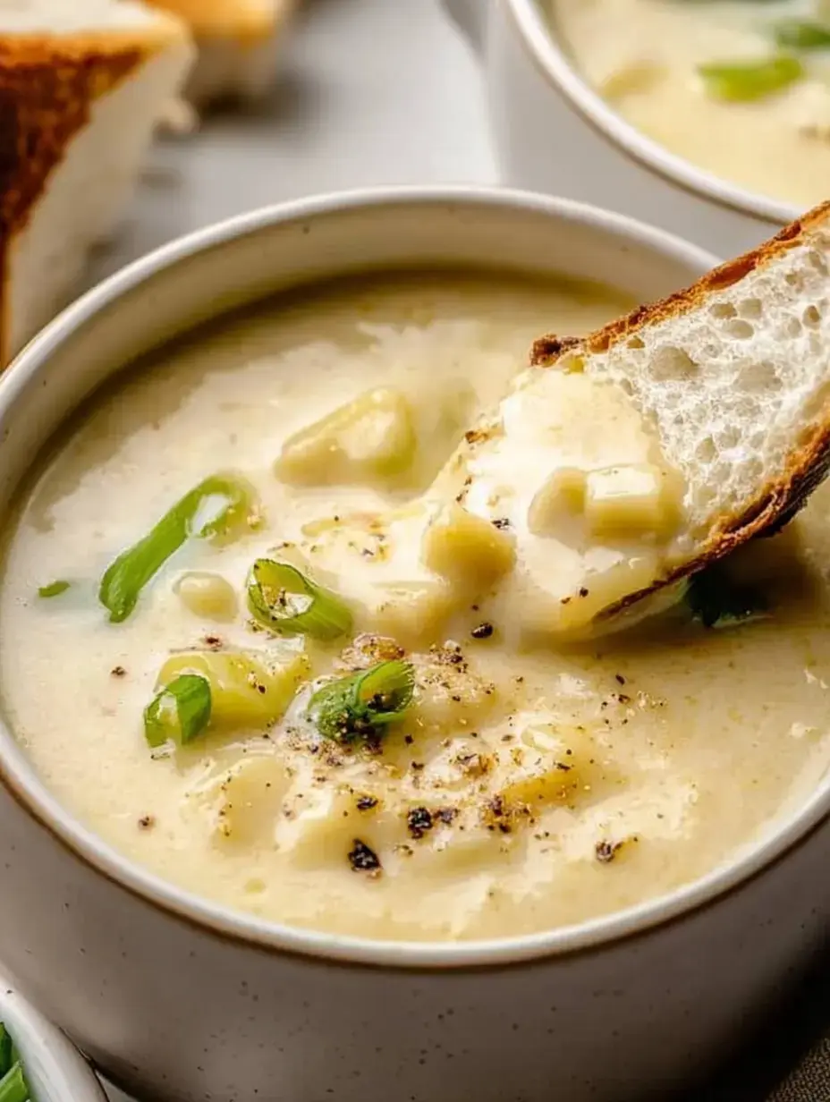 Un morceau de pain grillé trempé dans une soupe onctueuse, avec des oignons verts et un peu de poivre noir.