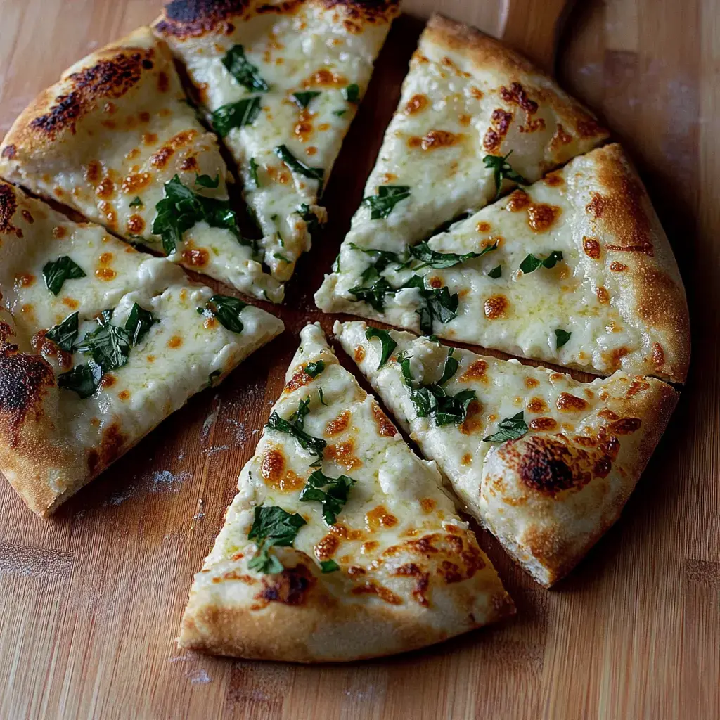 Pizza fraîchement tranchée en huit parts, garnie de fromage doré et de verdure, servie sur une planche en bois.
