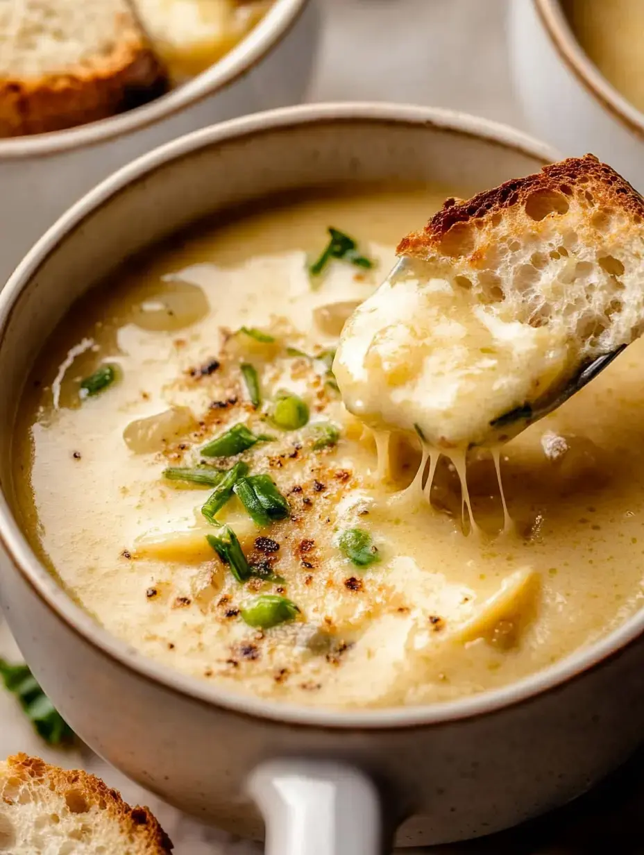Une soupe crémeuse garnie de fromage râpé et de ciboulette, pain grillé trempé dedans.