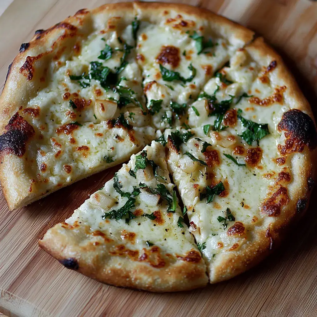 Pizza blanche tout juste coupée, avec fromage fondu, ail et herbes fraîches, en huit morceaux.