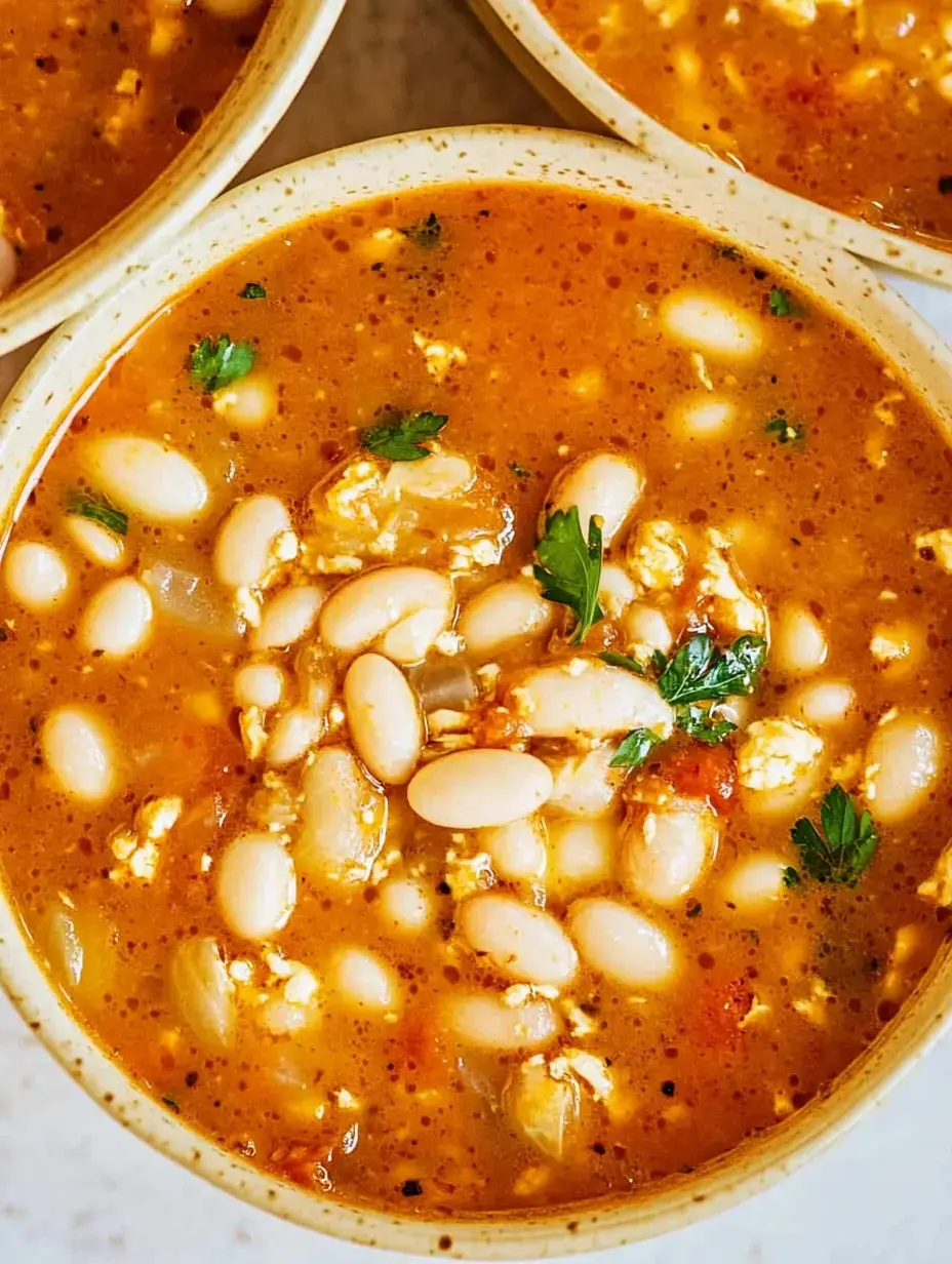 Vue rapprochée d’un bol de soupe généreuse aux haricots, couronnée de persil frais.