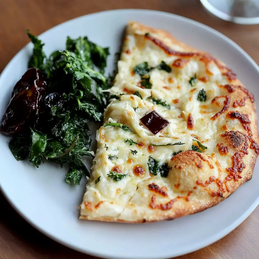 Une part de pizza fromage et herbes avec des légumes verts sautés, servie sur une assiette blanche.