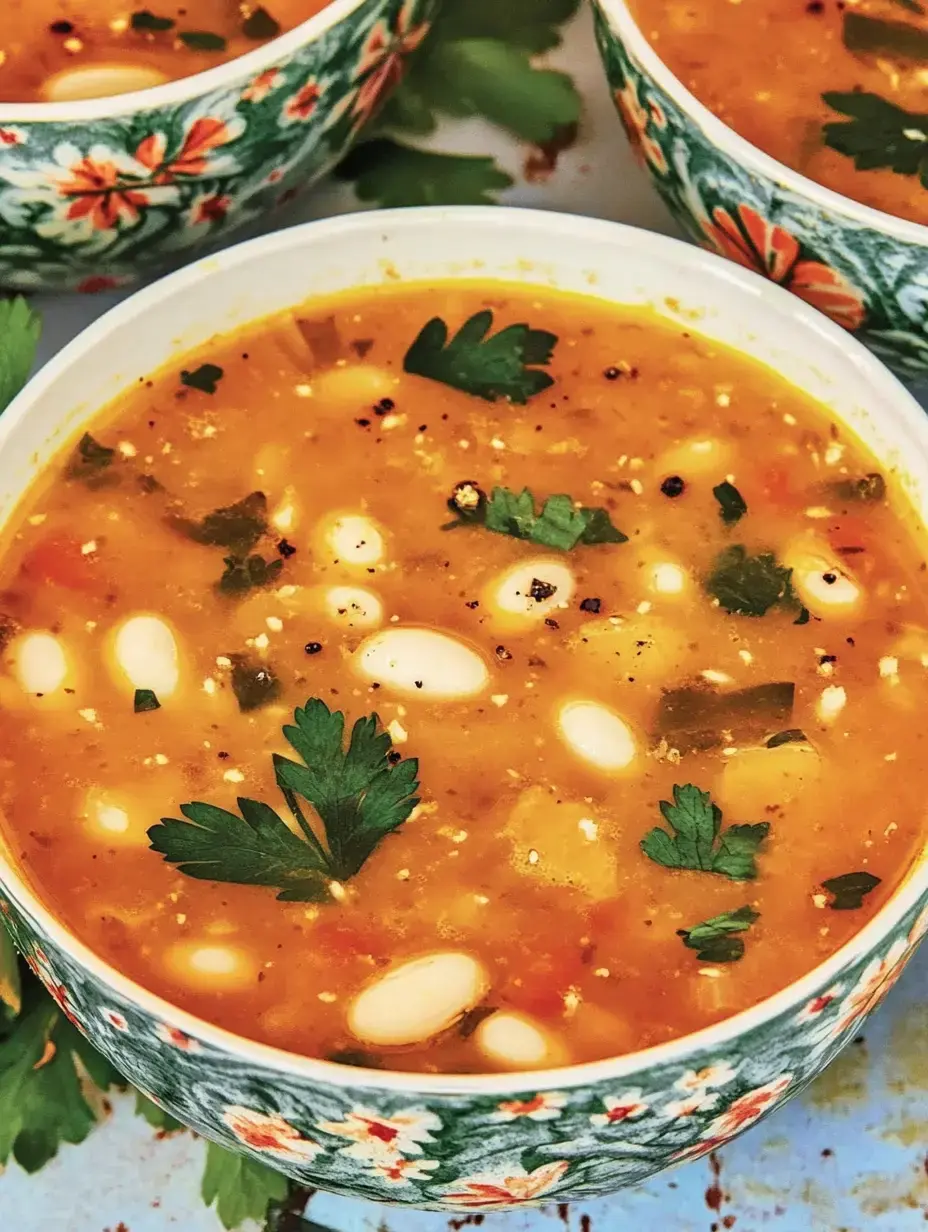 Vue rapprochée d’un bol de soupe, garni de persil et haricots blancs, dans un bol coloré.