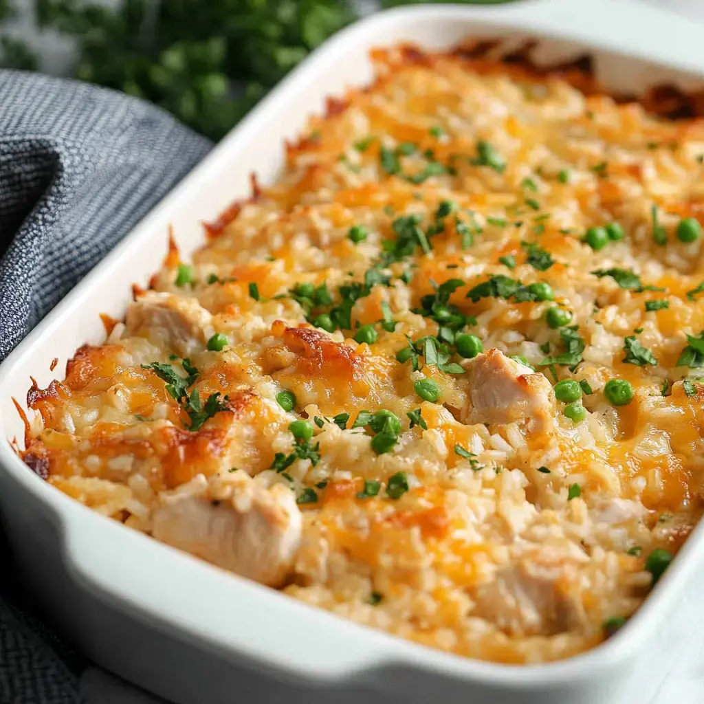 Un gratin de poulet et riz au four avec du fromage fondu et petits pois, servi dans un plat blanc.