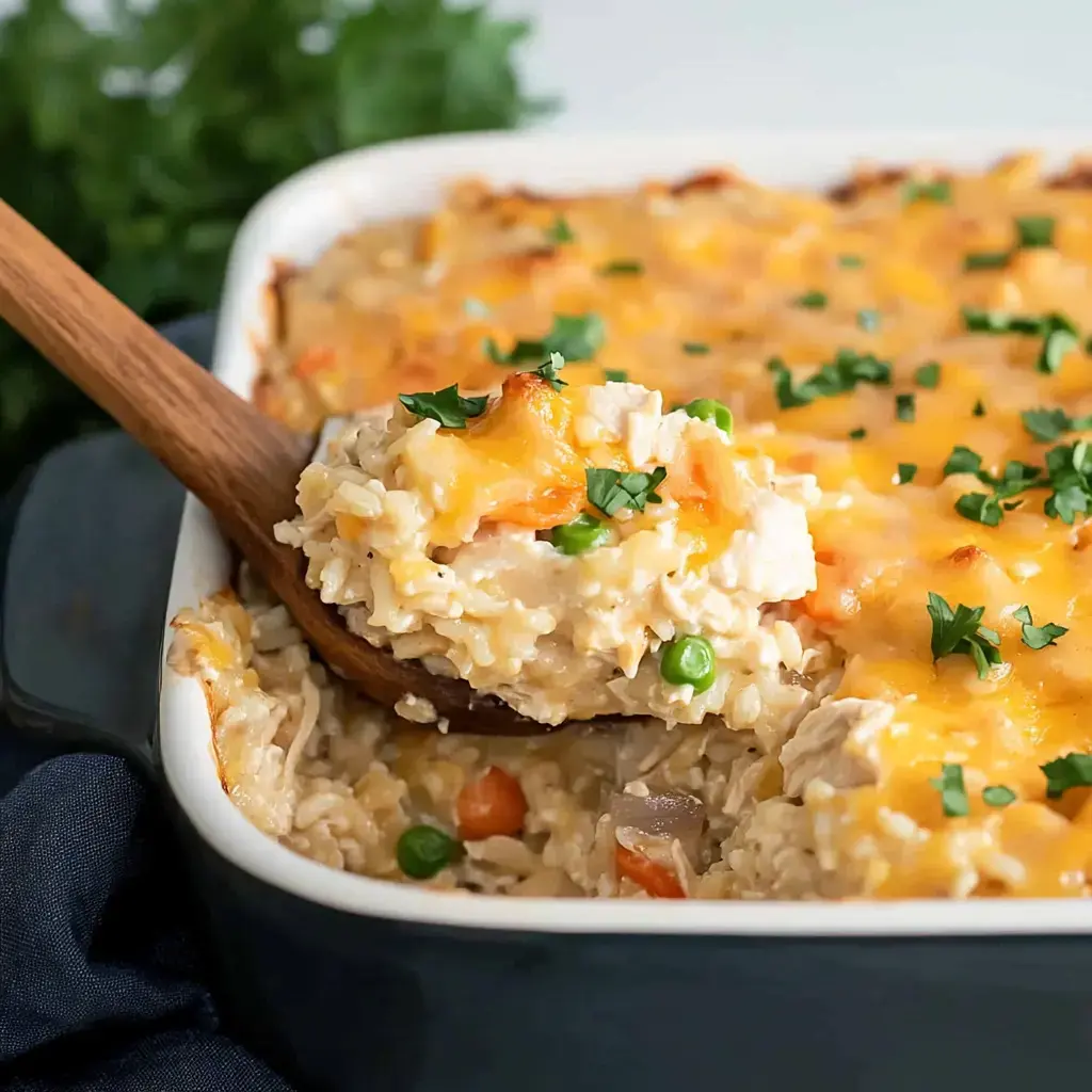 Une cuillère en bois soulève une portion de gratin crémeux au poulet et au riz, fromage fondu et persil frais.