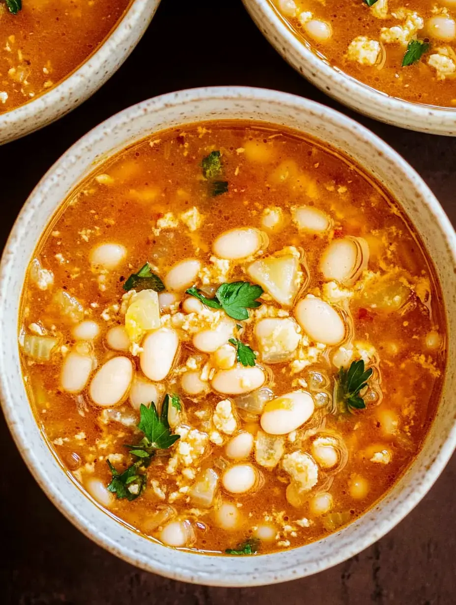 Gros plan sur un bol de soupe aux haricots blancs, petits légumes et herbes fraîches saupoudrées.