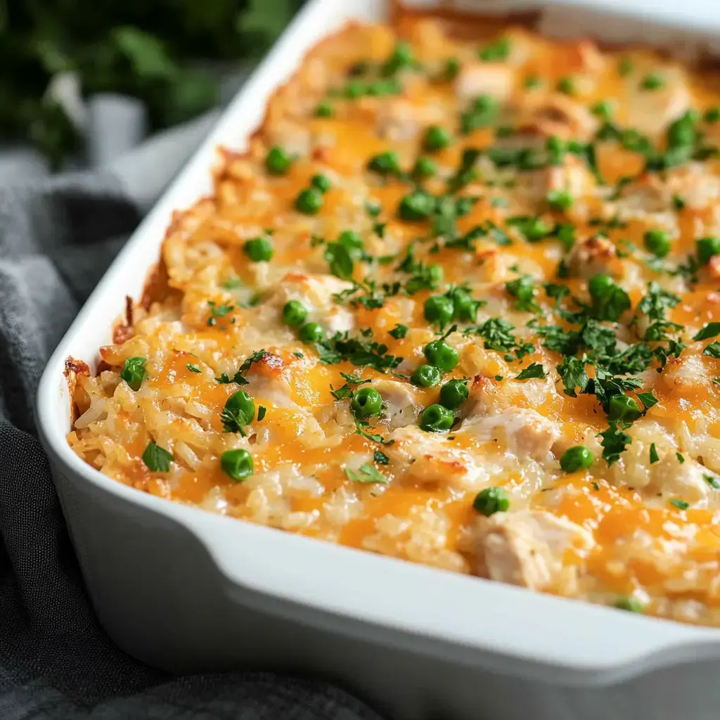 Un plat gratiné de poulet effiloché, fromage et petits pois, parsemé de persil.