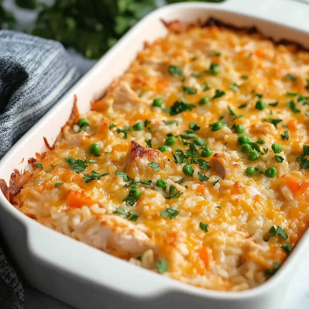 Du riz crémeux au poulet, fromage fondu, petits pois et herbes fraîches, servi dans un plat blanc gratiné.