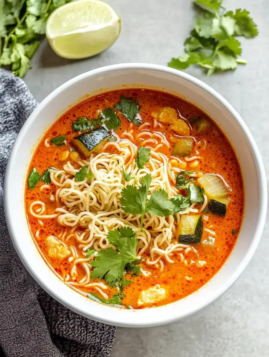 Un bol de soupe relevée avec nouilles, courgettes et coriandre fraîche, servi avec un quartier de citron vert et des herbes.