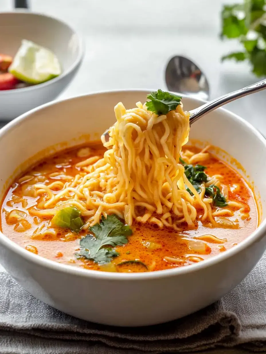 Un bol de soupe épicée aux nouilles avec coriandre et légumes, des nouilles soulevées à la cuillère.