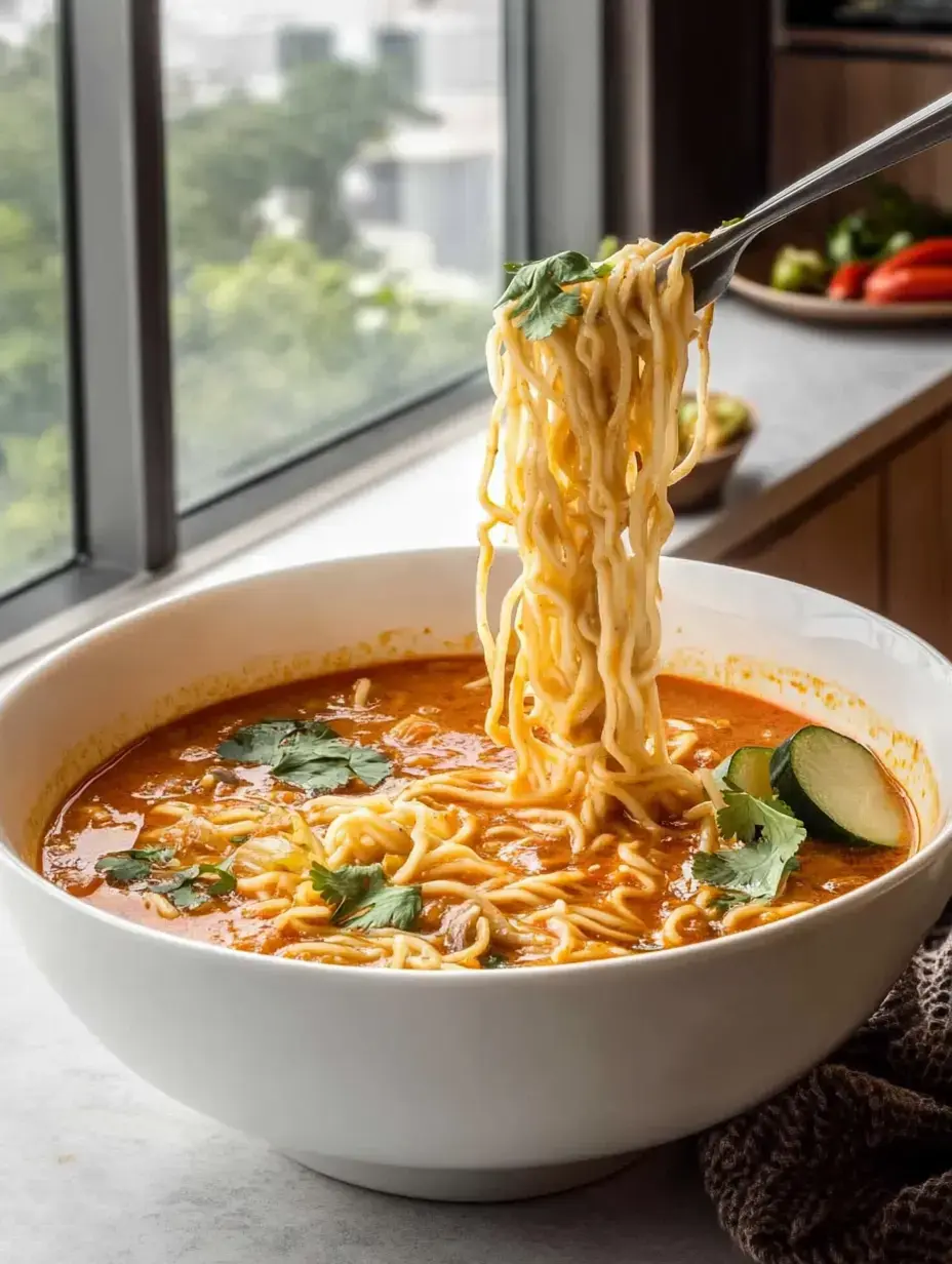 Un bol de nouilles fumantes dans un bouillon riche et parfumé, soulevées avec des baguettes, coriandre fraîche et ambiance de cuisine cosy.