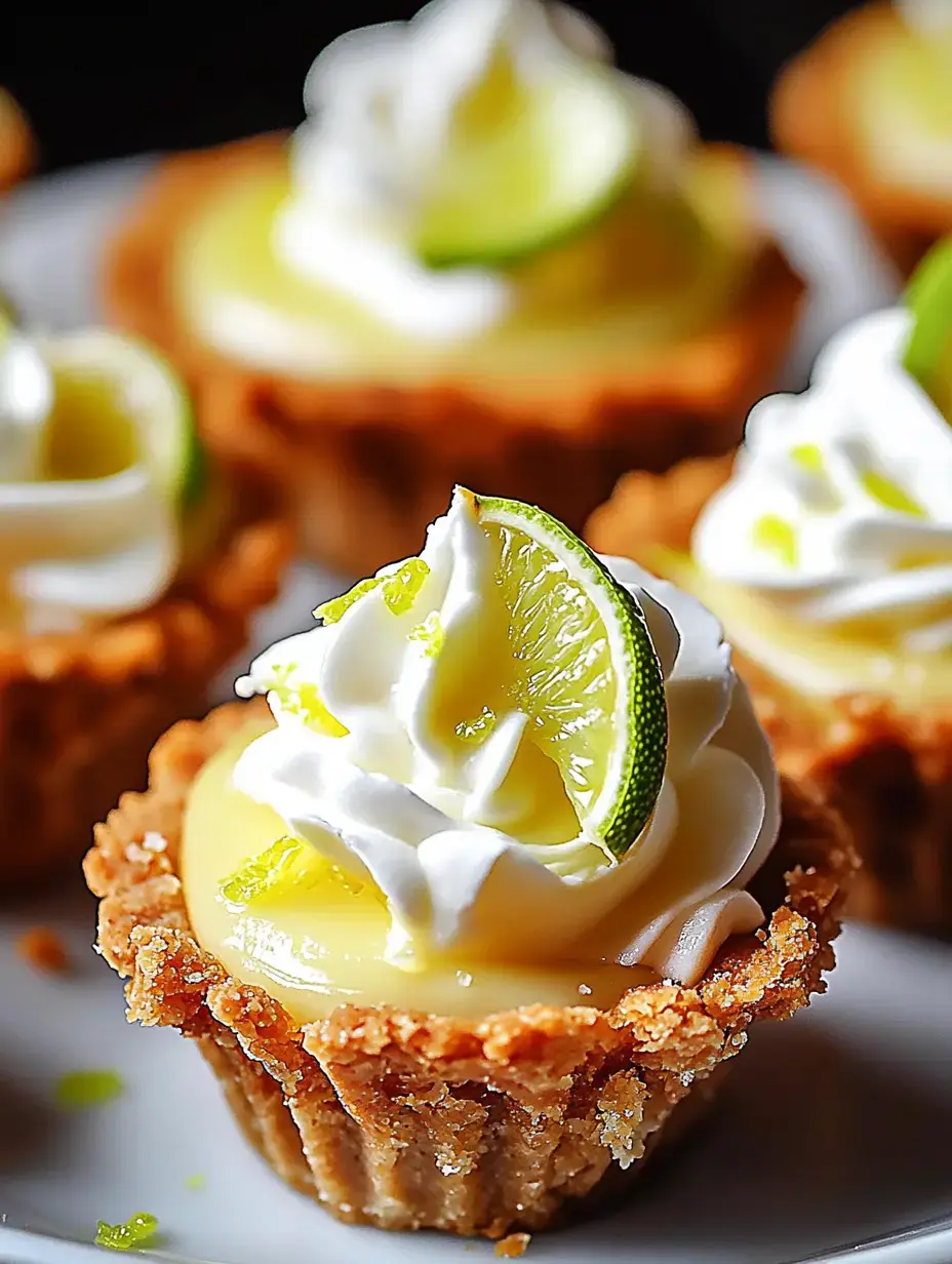 Gros plan sur des mini tartelettes au citron vert avec chantilly et rondelle de citron, sur une assiette blanche.