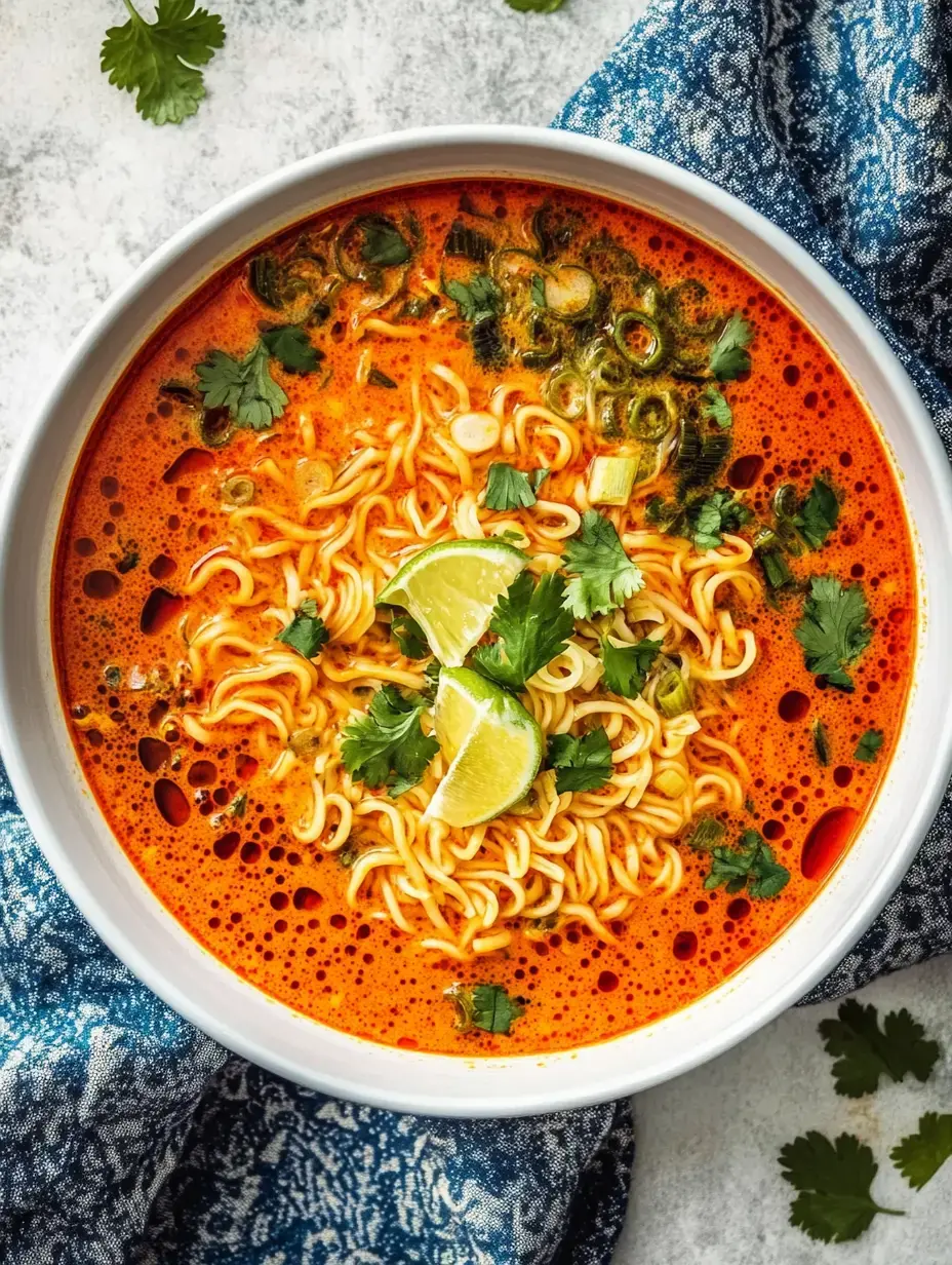 Bol de ramen épicé, garni de quartiers de citron vert et de coriandre fraîche.