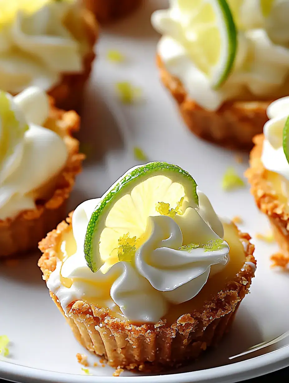 Gros plan de mini tartelettes citron vert avec crème fouettée et rondelle de citron sur une assiette blanche.