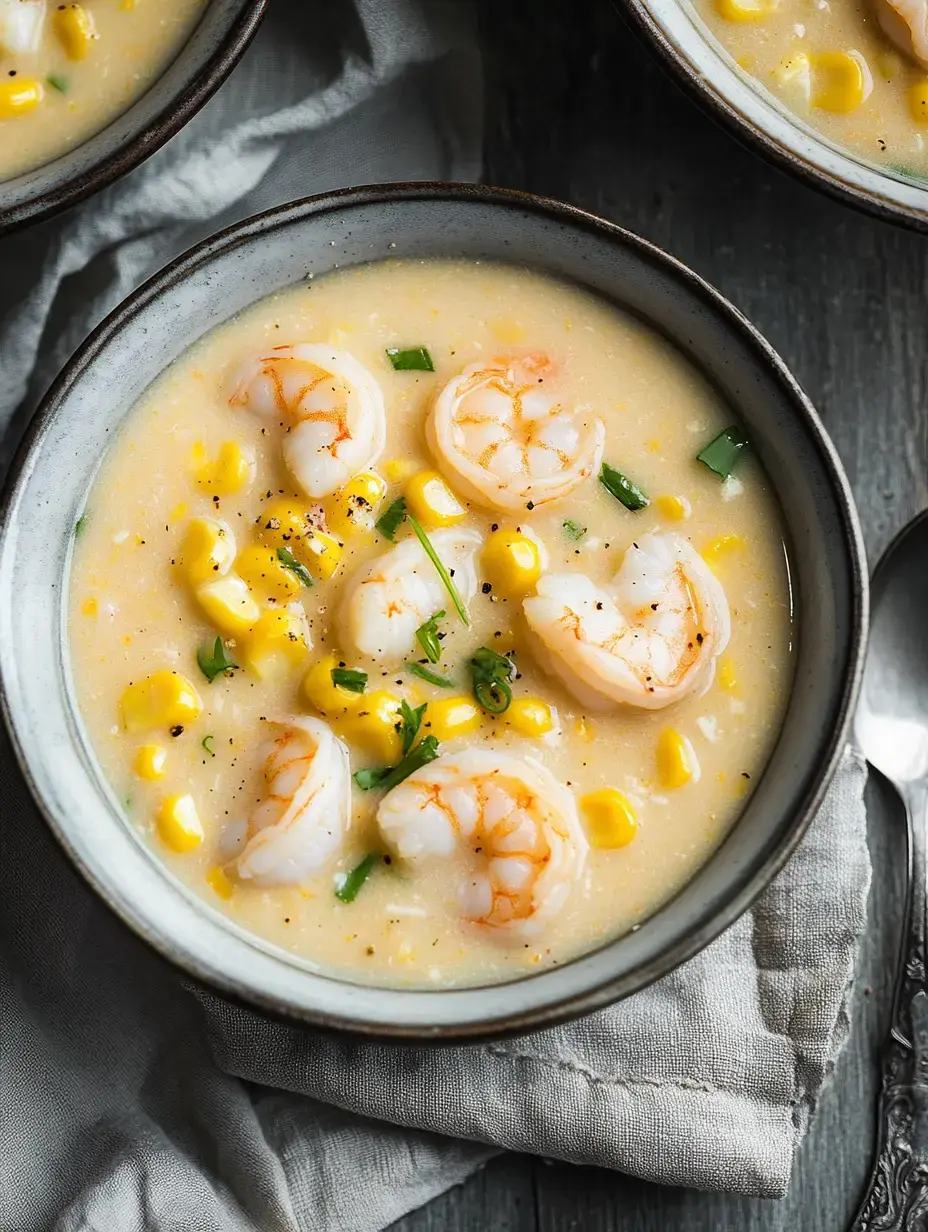 Un bol de soupe crémeuse aux crevettes et au maïs décoré d’herbes fraîches.
