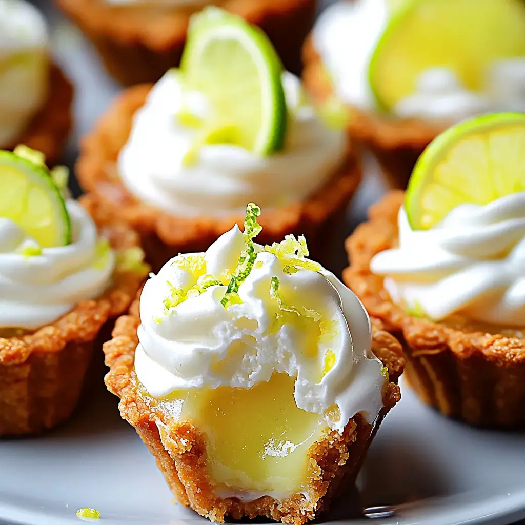Gros plan de tartelettes au citron vert surmontées de chantilly, zestes et rondelles de citron.