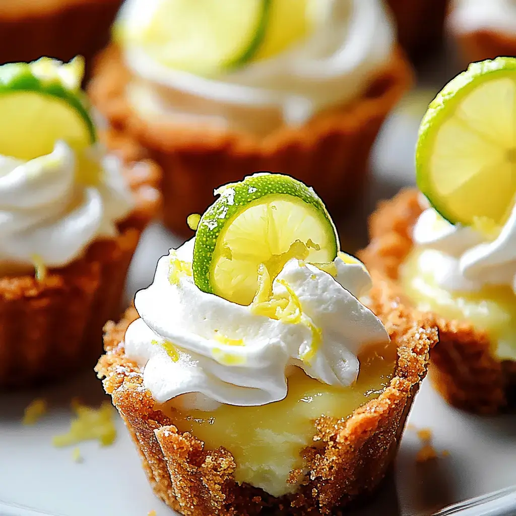 Gros plan de mini tartelettes citron vert avec chantilly, décorées de rondelle et zestes de citron.