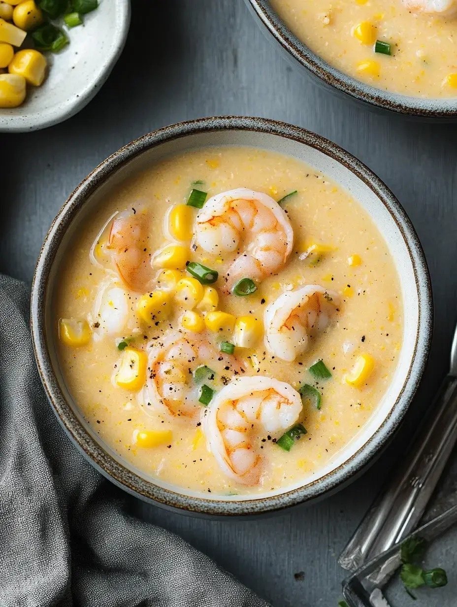 Un gros plan sur un bol de soupe crémeuse aux crevettes et au maïs avec des oignons verts et du maïs en fond.