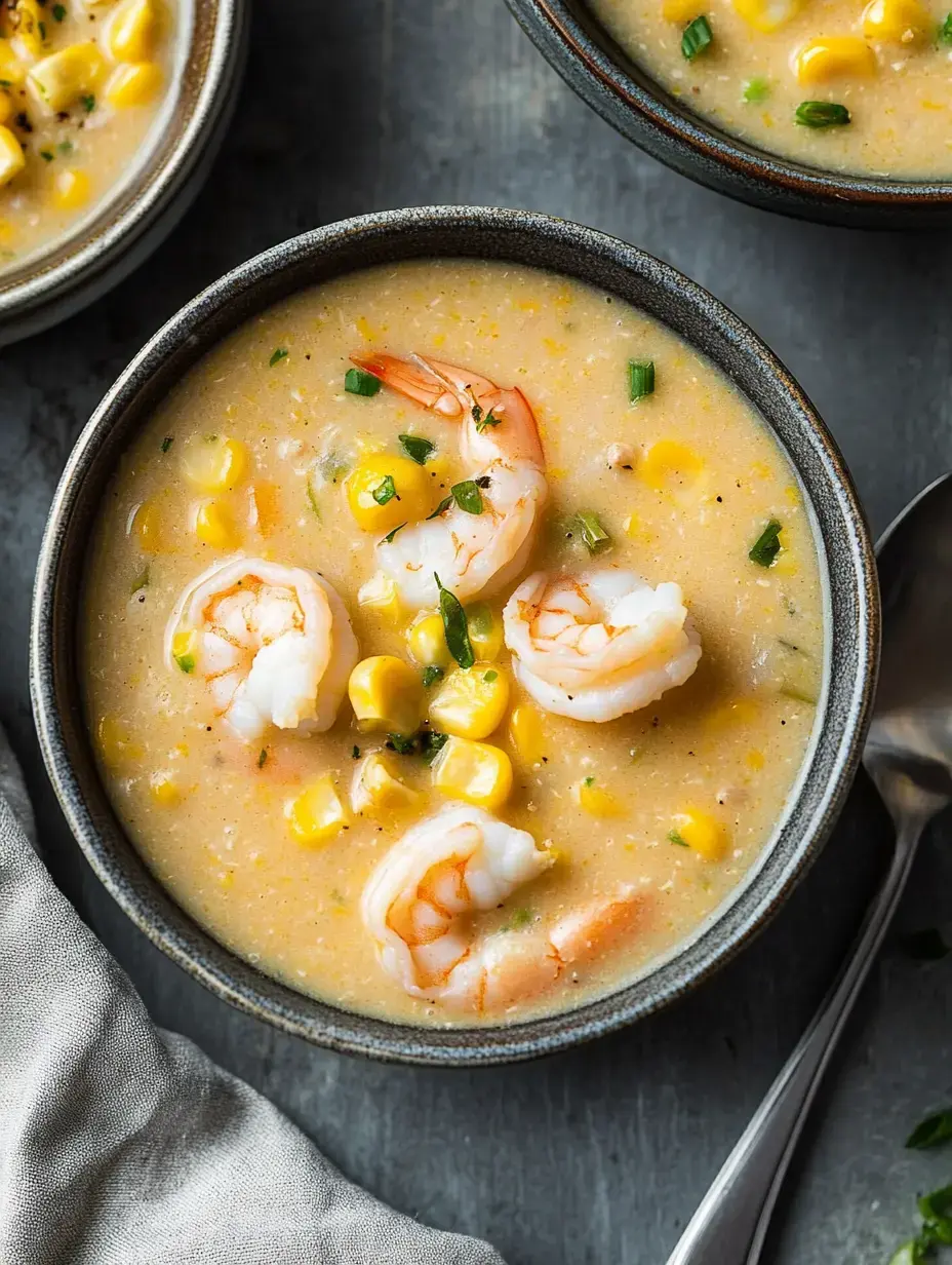 Zoom sur un bol de soupe onctueuse crevettes-maïs décorée d’herbes, une cuillère et un tissu texturé devant.