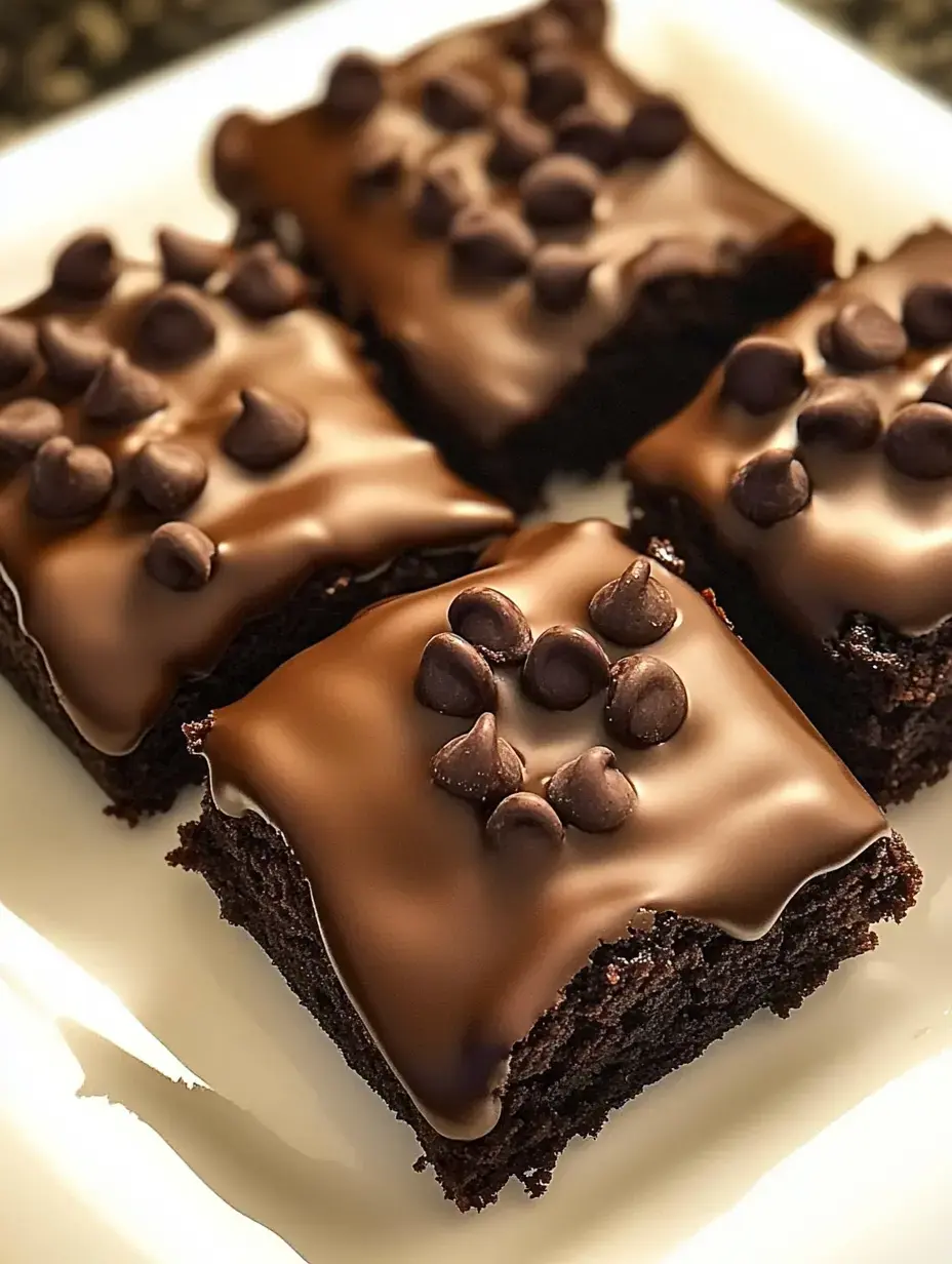 Quatre brownies au chocolat sur une assiette blanche, nappés de ganache brillante et parsemés de pépites de chocolat.