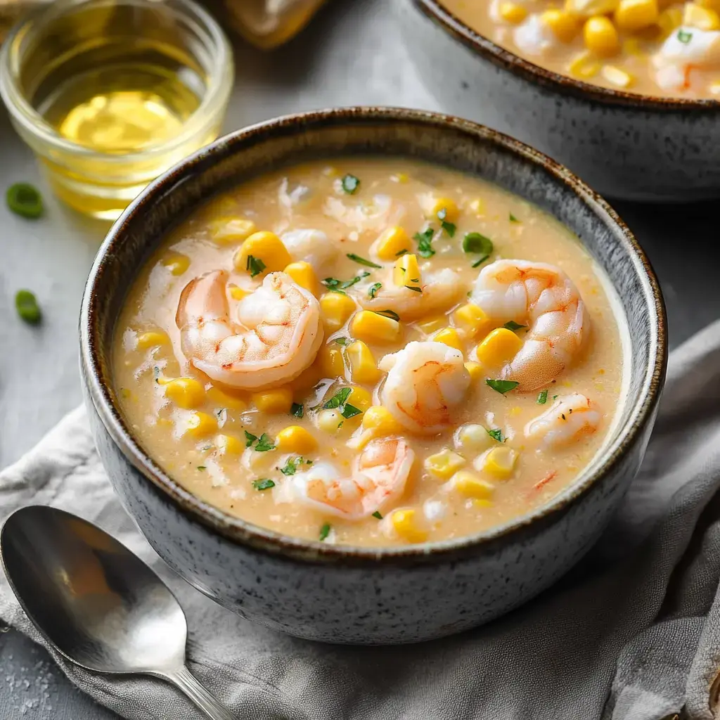 Vue rapprochée d’un bol de soupe crémeuse crevettes-maïs, parsemé d’herbes vertes, une cuillère et petit pot d’huile en arrière-plan.