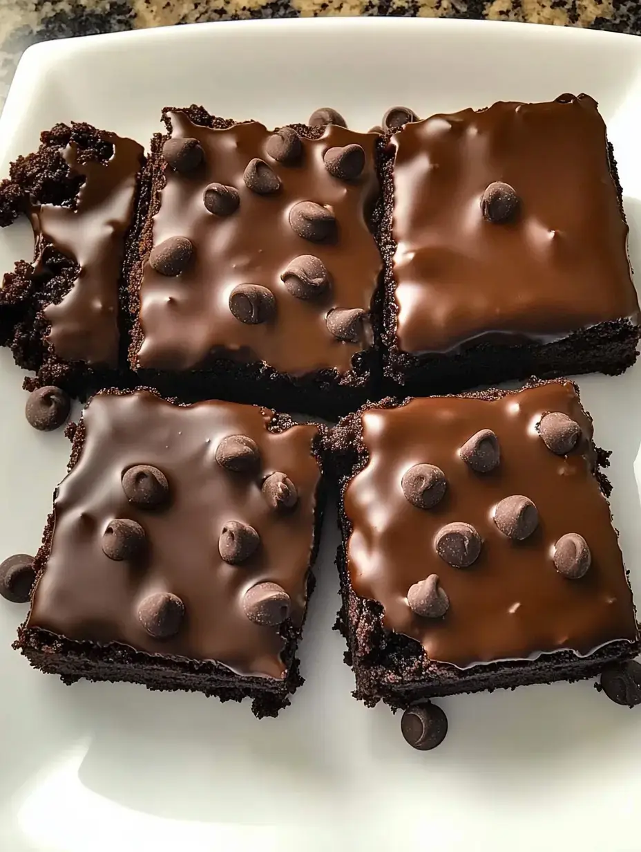 Gros plan sur quatre brownies chocolat nappés de ganache brillante et de pépites, sur une assiette blanche.