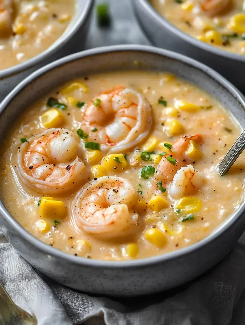 Gros plan d’un bol de soupe onctueuse crevettes et maïs décoré de jeunes oignons verts.