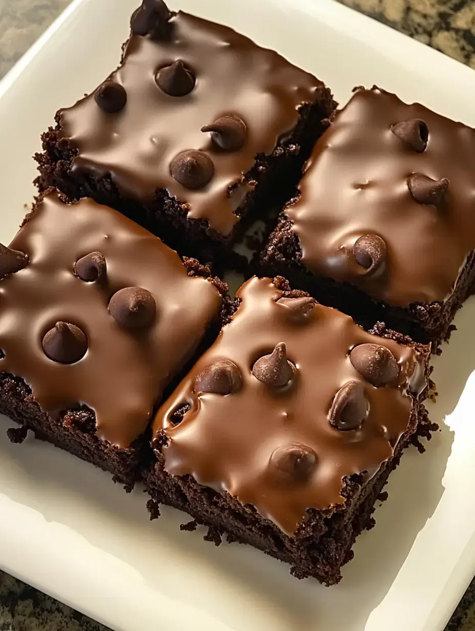 Une assiette de quatre brownies chocolat nappés d’un glaçage brillant et de pépites.