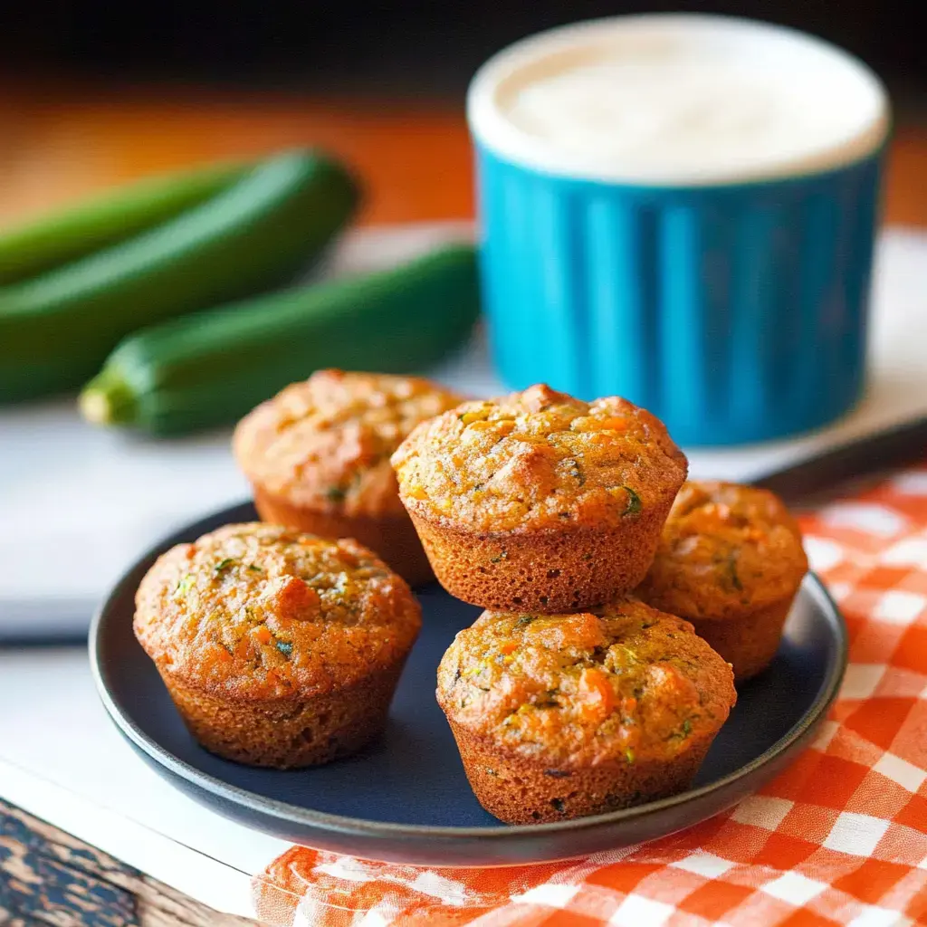 Une assiette de muffins à la courgette est posée à côté d’une tasse de café et de deux courgettes sur le plan de travail.