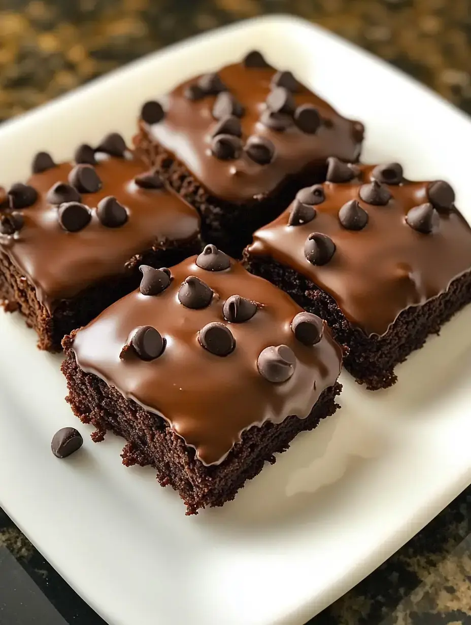 Une assiette de brownies chocolat avec glaçage brillant et pépites de chocolat.