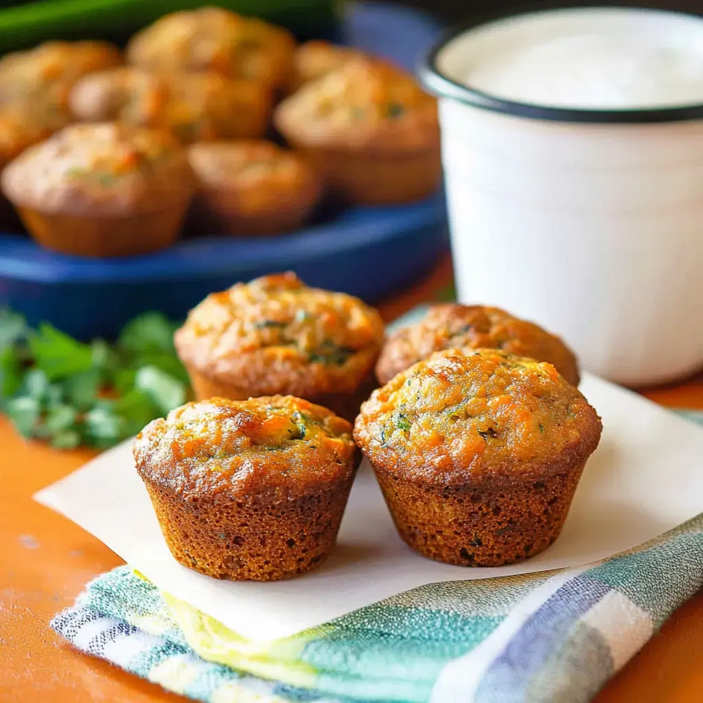 Gros plan de quatre muffins dorés aux herbes sur une serviette blanche, avec un bol de yaourt et d’autres muffins en arrière-plan.