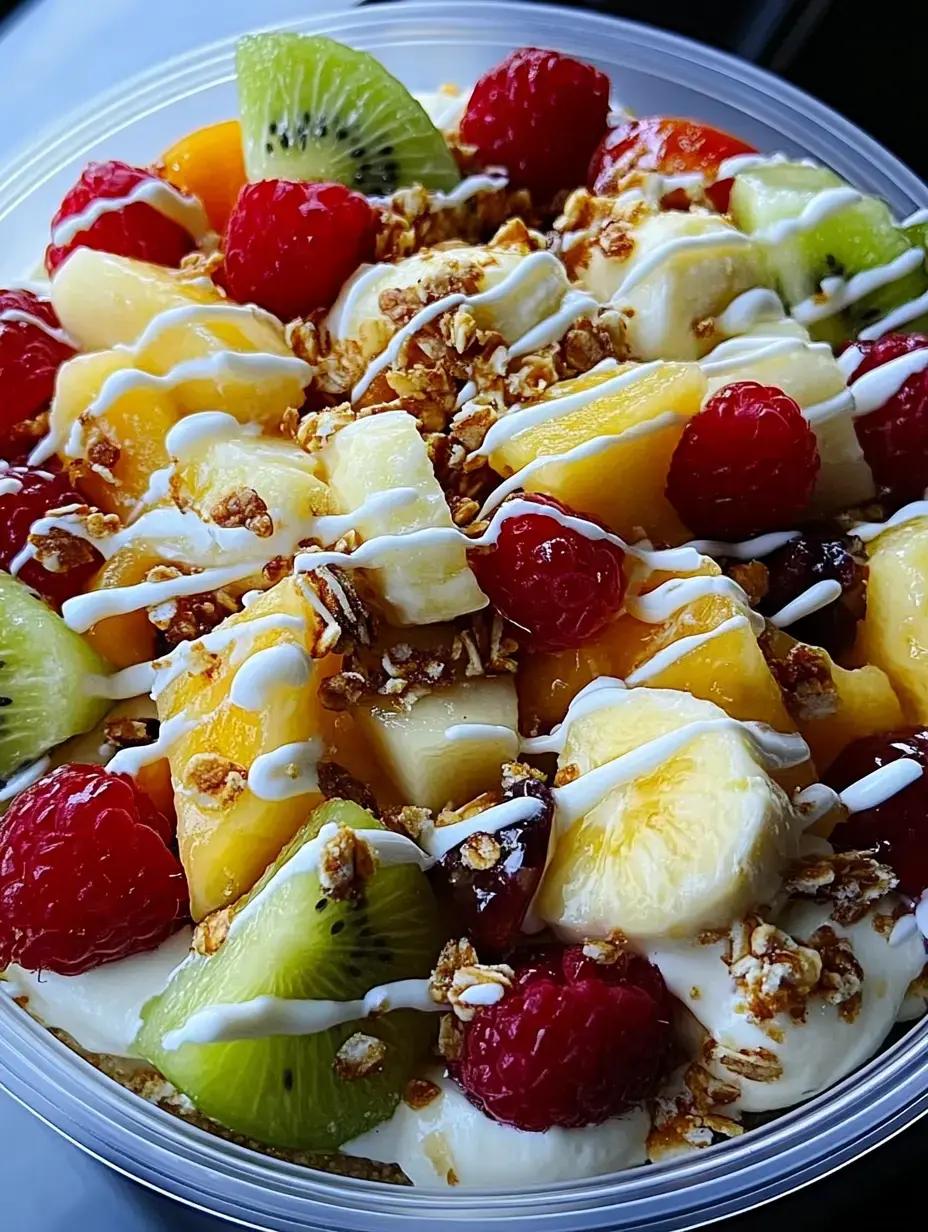 Une belle salade de fruits colorée avec granola et crème servie dans un saladier transparent.