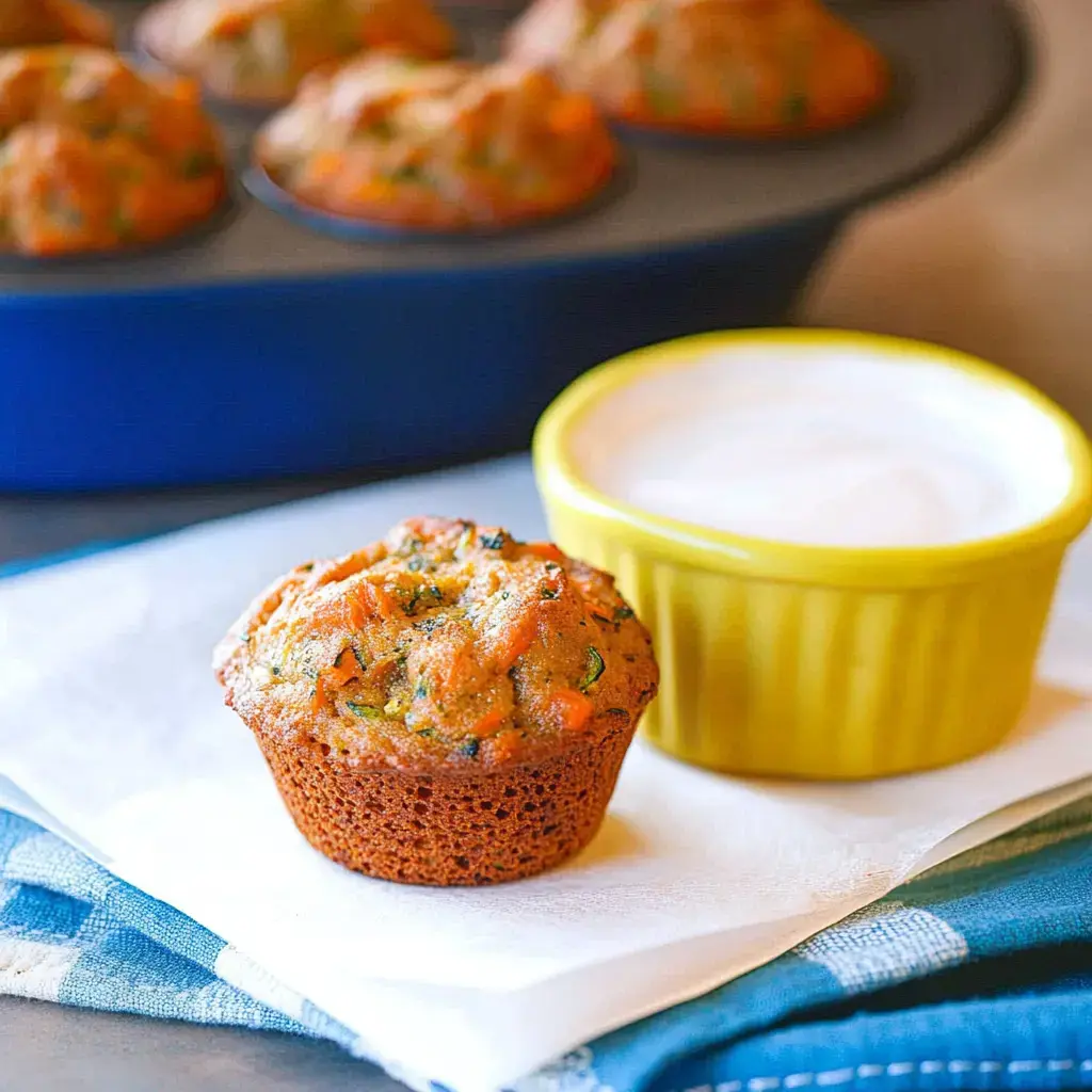 Un muffin avec des légumes bien visibles posé sur une serviette, à côté d’un bol jaune de sauce, d’autres muffins derrière dans un plat bleu.