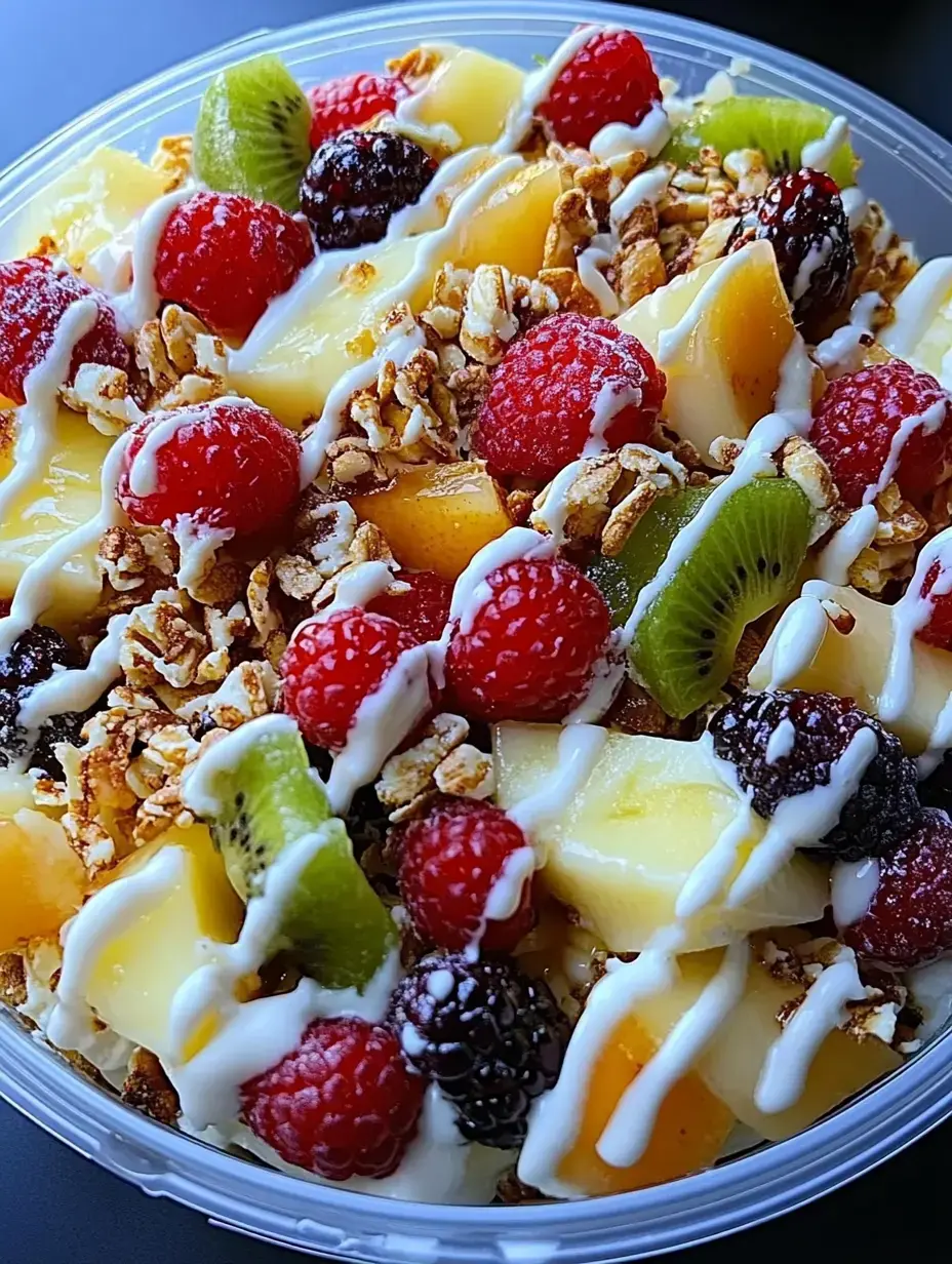 Zoom sur bol de fruits colorés : framboises, mûres, kiwi, mangue, granola et crémeux blanc.