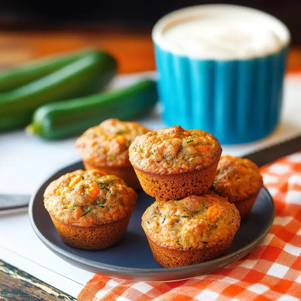 Des muffins à la courgette tout juste sortis du four, présentés à côté d’une tasse bleue et de courgettes sur une nappe à carreaux.