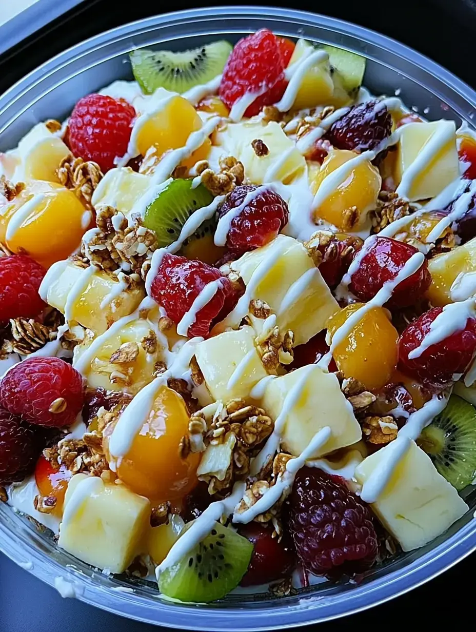 Salade de fruits joyeuse : framboises, mangue, kiwi, granola, nappée de yaourt dans un bol transparent.