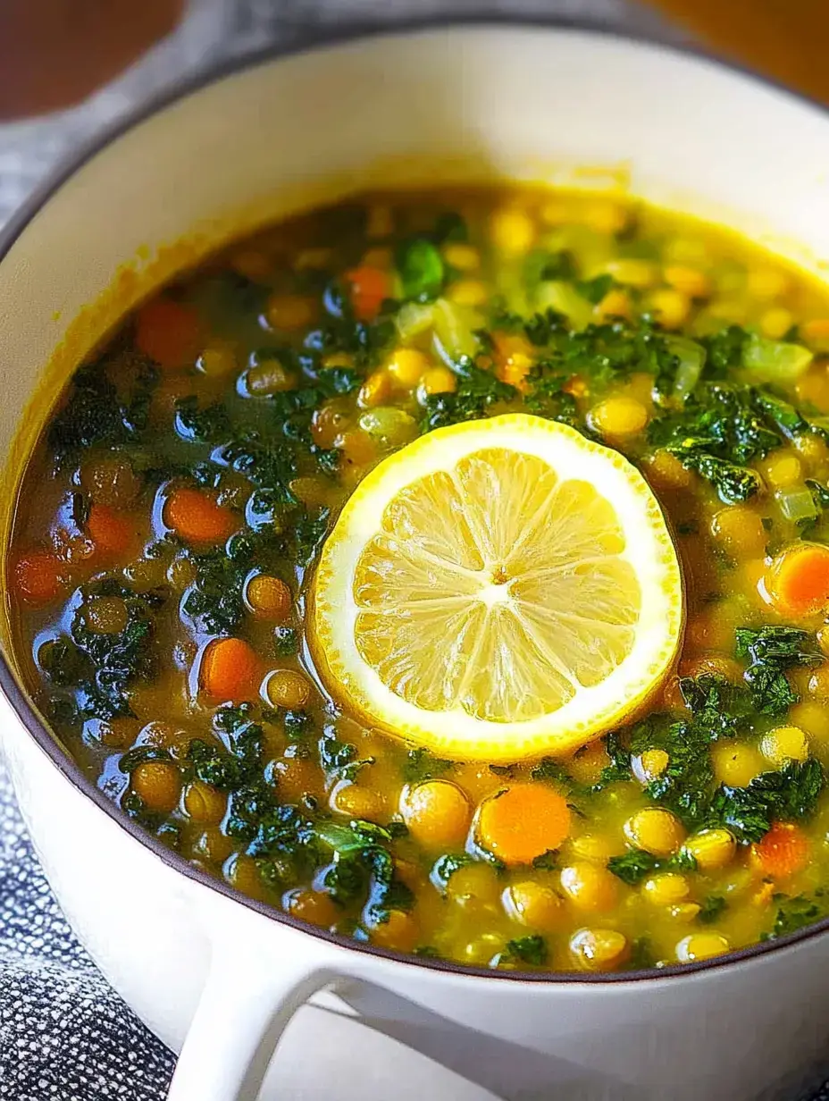 Un bol plein de soupe colorée avec lentilles, carottes et kale, sans oublier une tranche de citron dessus.