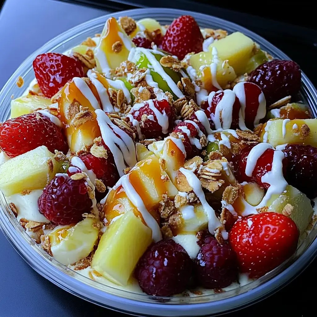 Grosses fraises, framboises, ananas, mangue, granola, sauce blanche… explosion de couleurs dans un bol.