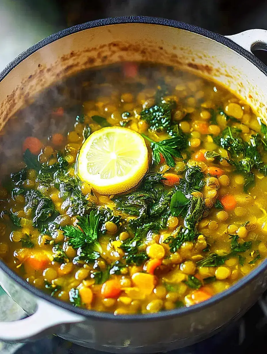 Une marmite de soupe de lentilles vertes qui mijote avec verdure, carottes, et une tranche de citron sur le dessus.