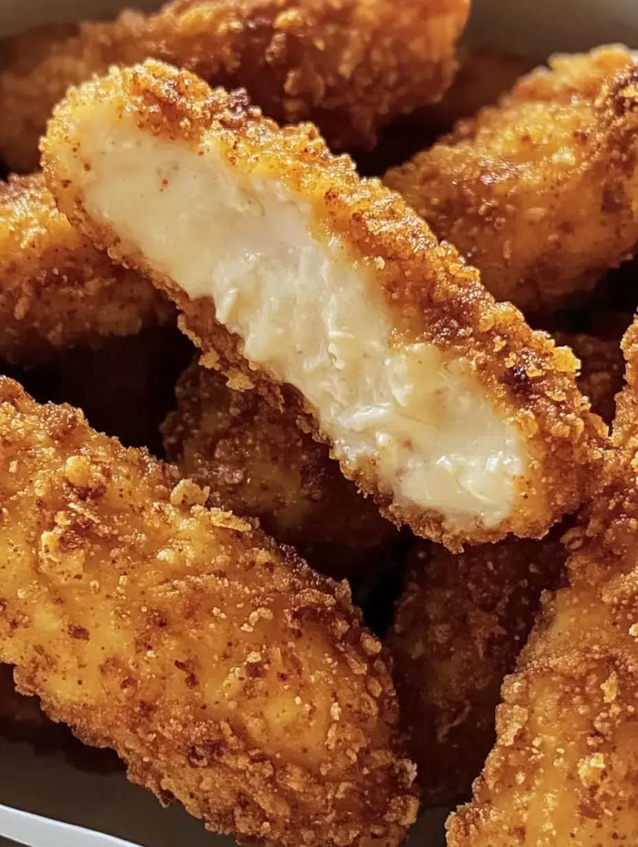 Gros plan sur des tenders de poulet dorés croustillants, une pièce coupée laissant voir la chair blanche à l’intérieur.