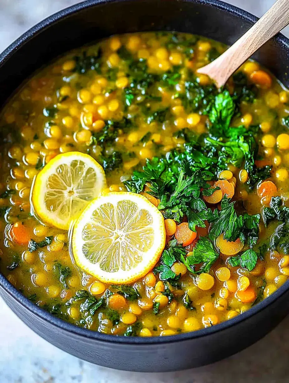 Zoom sur un bol noir de soupe de lentilles jaunes décorée de tranches de citron et d’herbes fraîches.